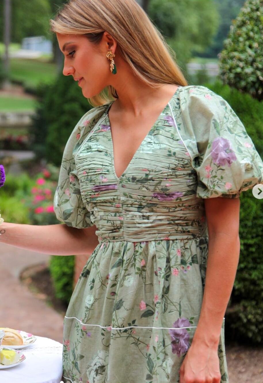 Anna Cate Tuckernuck Brie Maxi Dress Mint Green Floral Pleated Puff Sleeve M
